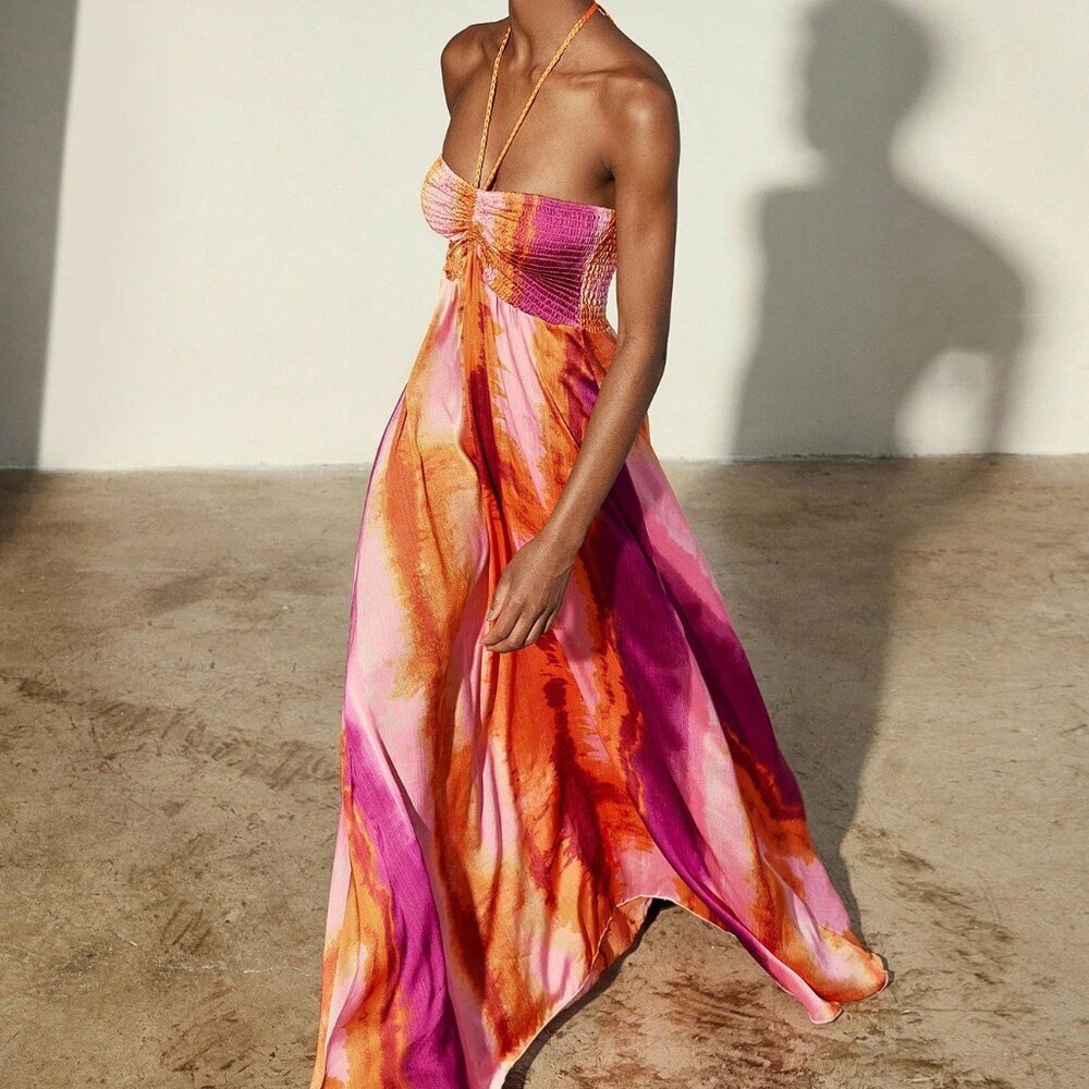 Boho Multicolor Women's Chiffon Tie-Dye Vacation Dress - Picture 1 of 6